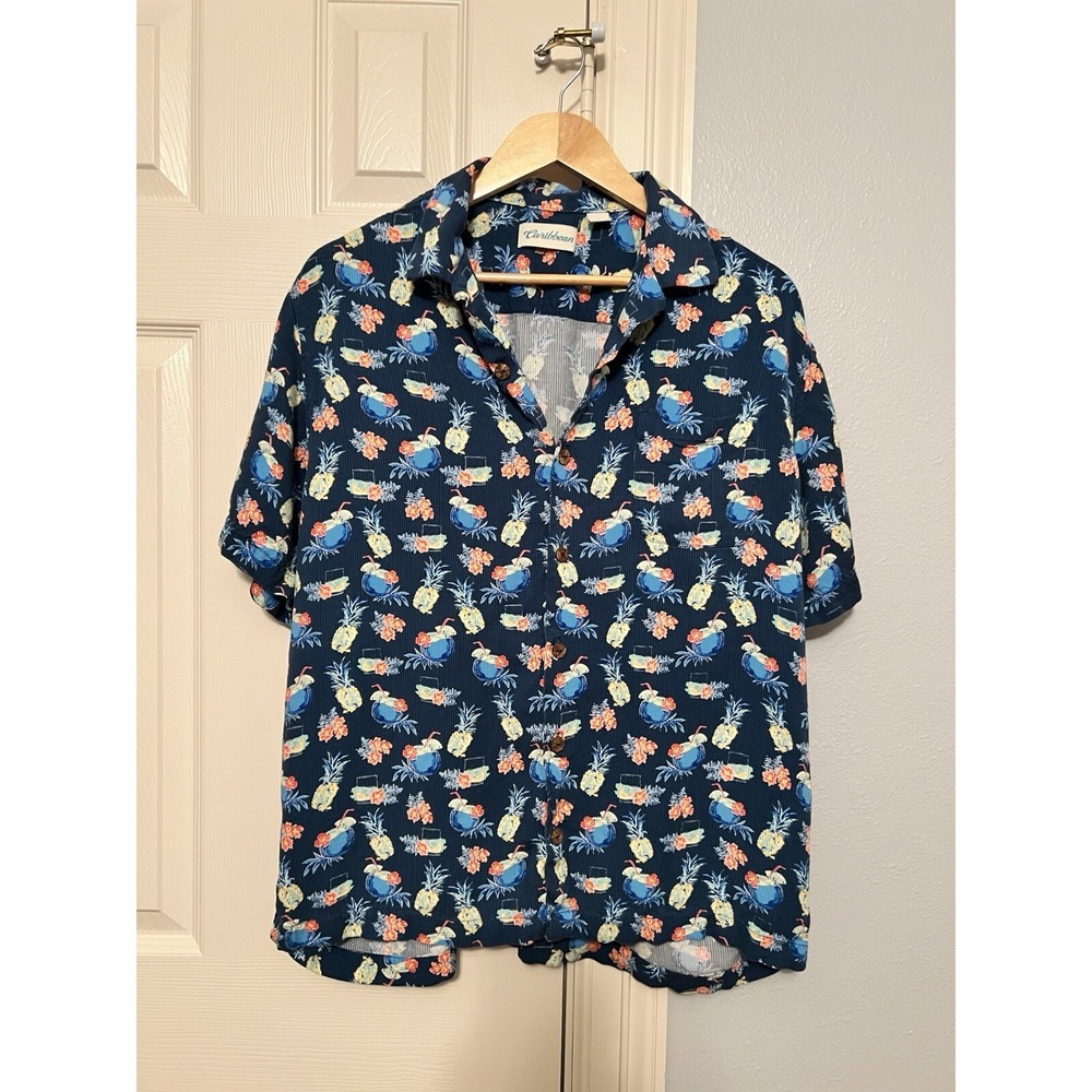 Caribbean Shirt Mens L Large, Short Sleeve Button Up, 100% Rayon, Tropical Drink